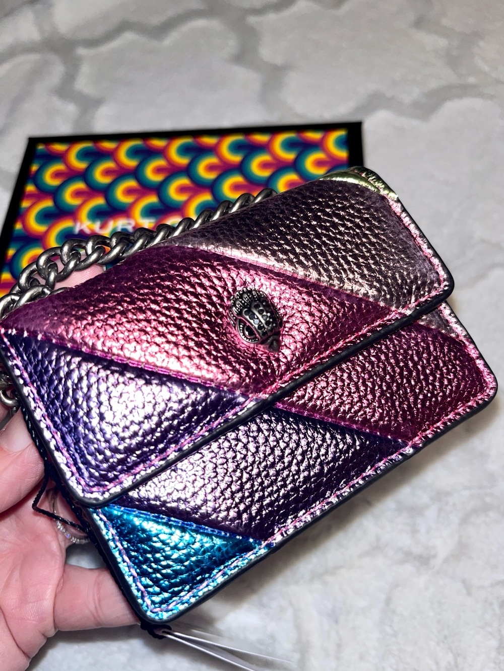 Kurt Geiger Metallic Pink Multi-Color Leather Crossbody with Chain